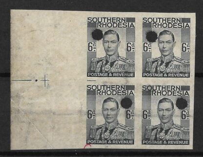 Southern Rhodesia 1937 GVI Six Pence Imperforate plate proof block with punch holes