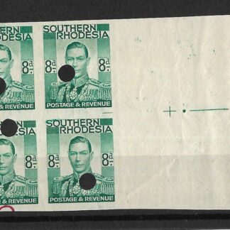 Southern Rhodesia 1937 GVI Eight Pence Imperforate  plate proof block with punch holes