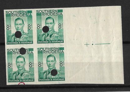 Southern Rhodesia 1937 GVI Eight Pence Imperforate  plate proof block with punch holes