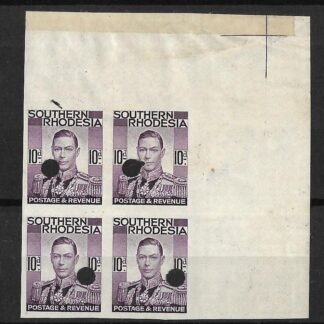 Southern Rhodesia 1937 GVI Ten Pence Imperforate plate proof block with punch holes