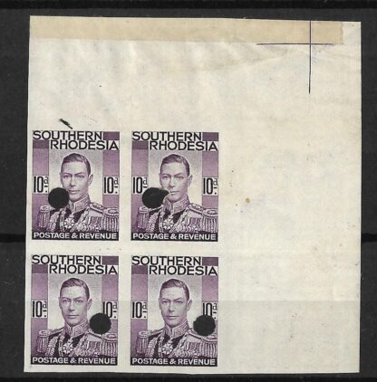 Southern Rhodesia 1937 GVI Ten Pence Imperforate plate proof block with punch holes
