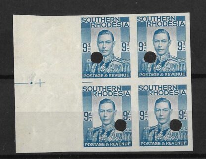 Southern Rhodesia 1937 GVI Nine Pence Imperforate plate proof block with punch holes
