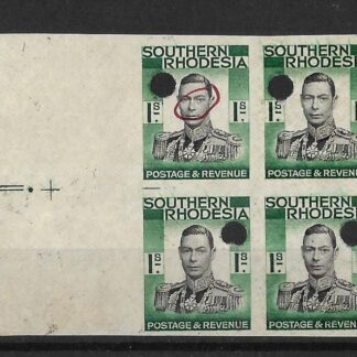 Southern Rhodesia 1937 GVI One Shilling Imperforate plate proof block with punch holes