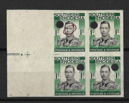 Southern Rhodesia 1937 GVI One Shilling Imperforate plate proof block with punch holes