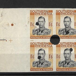 Southern Rhodesia 1937 GVI One Shilling and Six Pence Imperforate plate proof block with punch holes