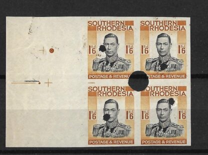 Southern Rhodesia 1937 GVI One Shilling and Six Pence Imperforate plate proof block with punch holes