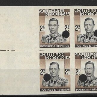 Southern Rhodesia 1937 GVI Two Shillings Imperforate plate proof block with punch holes