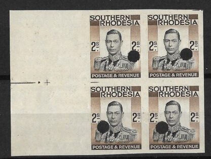 Southern Rhodesia 1937 GVI Two Shillings Imperforate plate proof block with punch holes