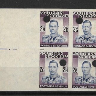 Southern Rhodesia 1937 GVI Two Shillings and Six Pence Imperforate block with punch holes