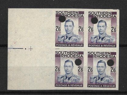 Southern Rhodesia 1937 GVI Two Shillings and Six Pence Imperforate block with punch holes