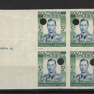 Southern Rhodesia 1937 GVI Five Shilling Imperforate plate proof block with punch holes