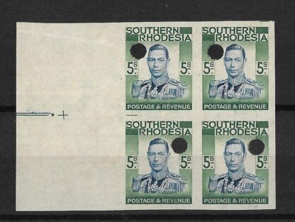 Southern Rhodesia 1937 GVI Five Shilling Imperforate plate proof block with punch holes