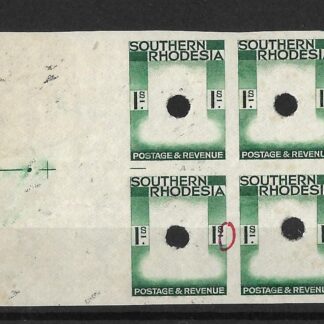 Southern Rhodesia 1937 GVI One Shilling Imperforate Frame plate proof block with punch holes
