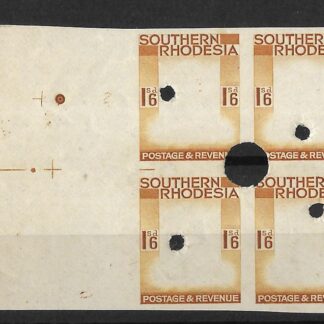 Southern Rhodesia 1937 GVI One Shilling and Six Pence Imperforate Frame plate proof block with punch holes