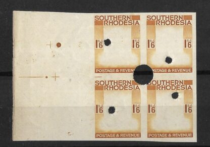Southern Rhodesia 1937 GVI One Shilling and Six Pence Imperforate Frame plate proof block with punch holes