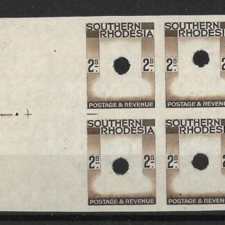 Southern Rhodesia 1937 GVI Two Shillings Imperforate Frame plate proof block with punch holes