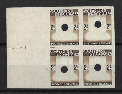 Southern Rhodesia 1937 GVI Two Shillings Imperforate Frame plate proof block with punch holes
