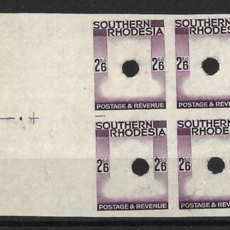 Southern Rhodesia 1937 GVI Two Shillings and Six Pence Imperforate Frame plate proof block with punch holes