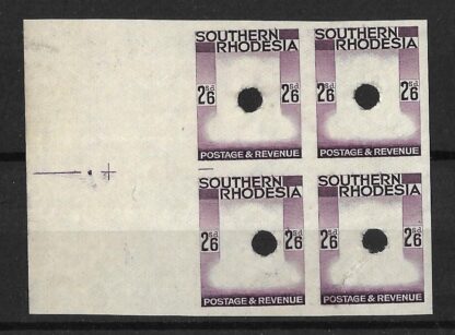 Southern Rhodesia 1937 GVI Two Shillings and Six Pence Imperforate Frame plate proof block with punch holes