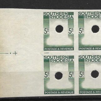 Southern Rhodesia 1937 GVI Five Shillings Imperforate Frame plate proof block with punch holes