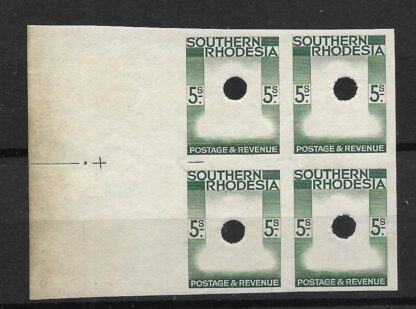 Southern Rhodesia 1937 GVI Five Shillings Imperforate Frame plate proof block with punch holes
