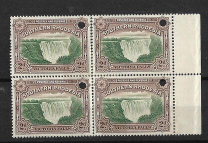 Southern Rhodesia 1941 Victoria Falls Two Pence block plate proof on gummed paper