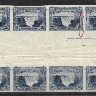 Southern Rhodesia 1935 Victoria Falls Three Pence Imperforate Imprint block of 8 with punch hole