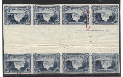 Southern Rhodesia 1935 Victoria Falls Three Pence Imperforate Imprint block of 8 with punch hole