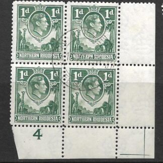 Northern Rhodesia 1938 GVI One Penny block Plate 4 fine used