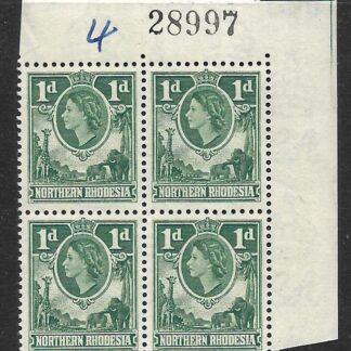 Northern Rhodesia 1953 QEII One Penny block with sheet No unmounted mint