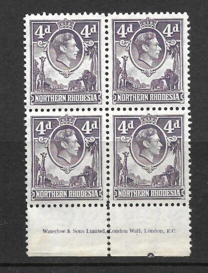 Northern Rhodesia 1938 GVI Four Pence Imprint block unmounted mint