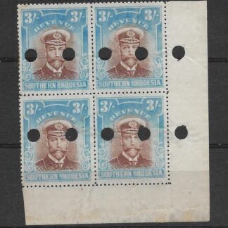 Southern Rhodesia 1924 GV Admiral Three Shillings block with punch holes