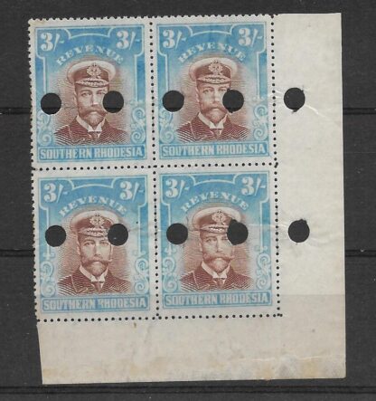 Southern Rhodesia 1924 GV Admiral Three Shillings block with punch holes