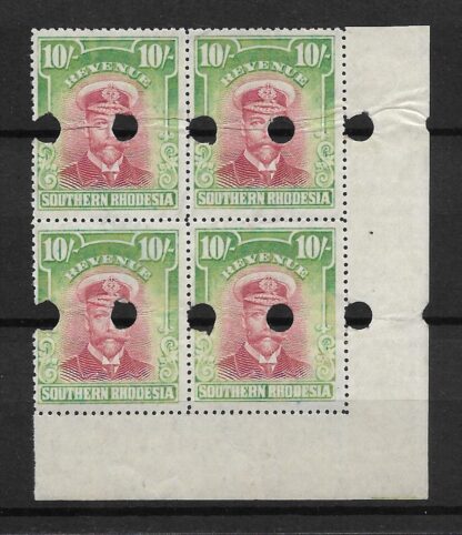 Southern Rhodesia 1924 GV Admiral Ten Shillings block with punch holes