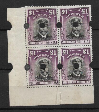 Southern Rhodesia 1924 GV Admiral One Pound block with punch holes