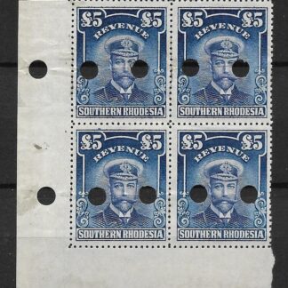 Southern Rhodesia 1924 GV Admiral Five Pounds plate proof block with punch holes