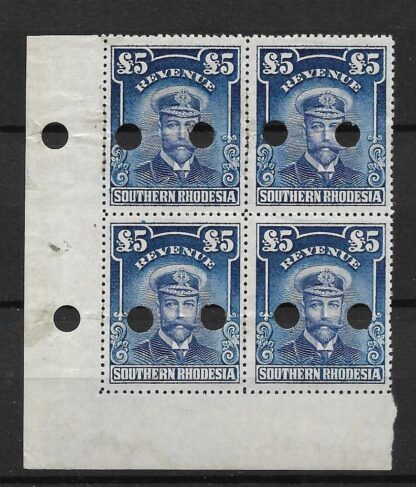 Southern Rhodesia 1924 GV Admiral Five Pounds plate proof block with punch holes