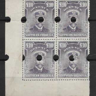 Southern Rhodesia 1924 GV Admiral Ten Pounds plate proof block with punch holes