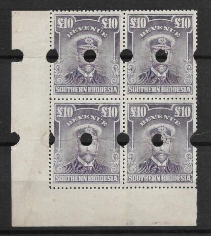 Southern Rhodesia 1924 GV Admiral Ten Pounds plate proof block with punch holes