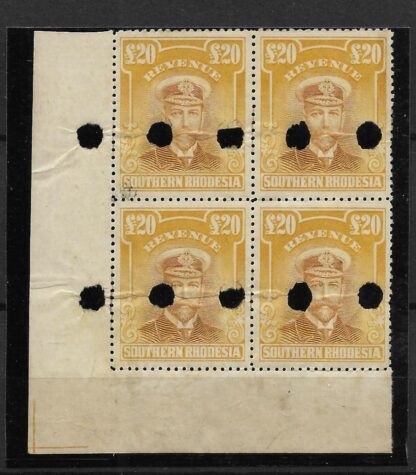 Southern Rhodesia 1924 GV Admiral Twenty Pounds plate proof with punch holes
