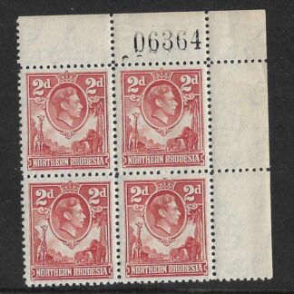 Northern Rhodesia 1938 GVI Two Pence block with sheet number unmounted mint