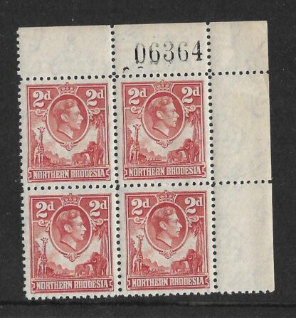 Northern Rhodesia 1938 GVI Two Pence block with sheet number unmounted mint