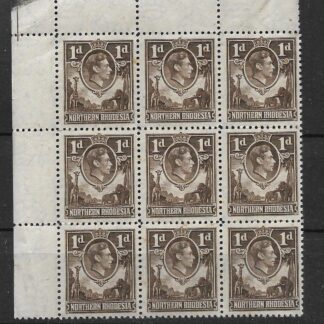 Northern Rhodesia 1938 GVI One Penny block with extra boatman flaw unmounted mint