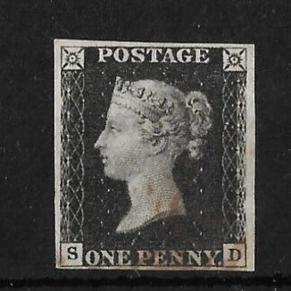 Great Britain 1840 QV Penny Black with red cancel and four margins used