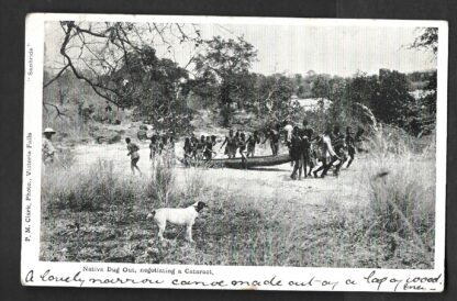 Rhodesia Native Dug Out negotiating a Cataract real photograph Post Card used at Bulawayo in 1905