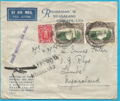 Southern Rhodesia 1934 RANA First Official Air Mail Bulawayo to Limbe cover