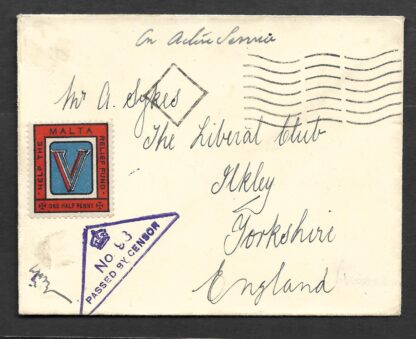 Malta WWII cover to UK with Malta Relief Fund label and Censor No 98