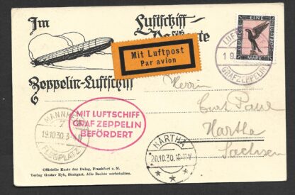 Switzerland 1930 Zeppelin Postcard of Frankfurt with Graff Zeppelin cachets and cancels