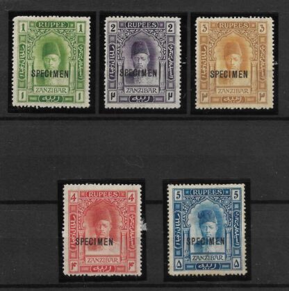 Zanzibar 1908 issue One Rupee to 5 Rupee opt SPECIMEN SG 234/238s mint