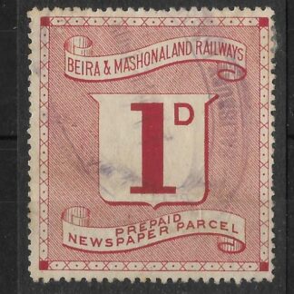 Rhodesia One Penny Carmine BEIRA & MASHONALAND RAILWAYS prepaid newspaper stamp with light violet oval cancel